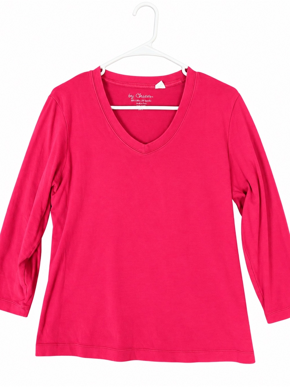 Chico’s Fuchsia Pink 3/4 Sleeve V-Neck Stretch Cotton Top Size 2